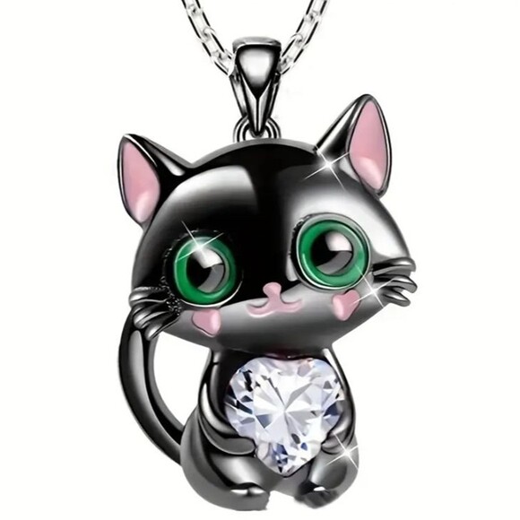 Black CAT Kitten GREEN EYES Rhinestone Heart Necklace - Picture 1 of 4